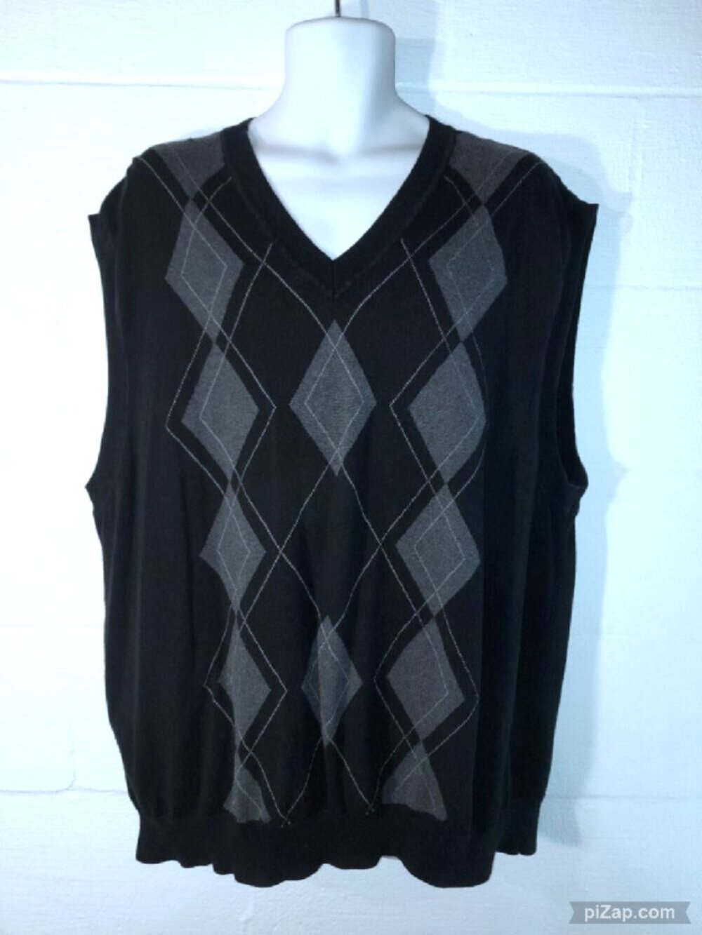 Claiborne Men's Big & Tall 3XL Sweater Vest Plaid Argyle Black Gray 100% Cotton